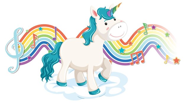 Unicornio de pie en la nube con símbolos de melodía en la onda del arco iris