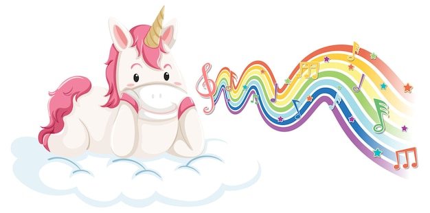 Unicornio de pie en la nube con símbolos de melodía en la onda del arco iris