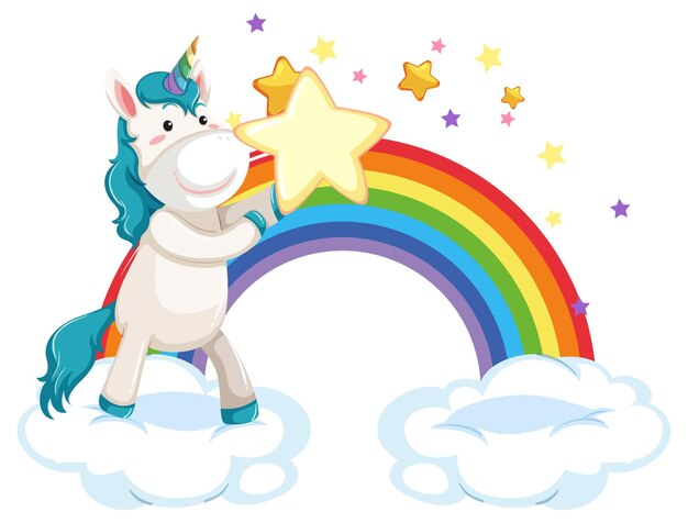 Unicornio de pie sobre una nube con arco iris en estilo de dibujos animados