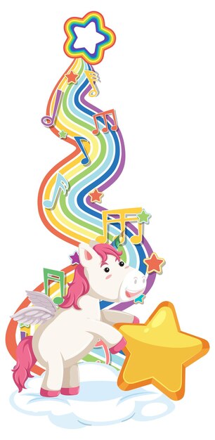 Unicornio de pie sobre la nube con arco iris sobre fondo blanco.