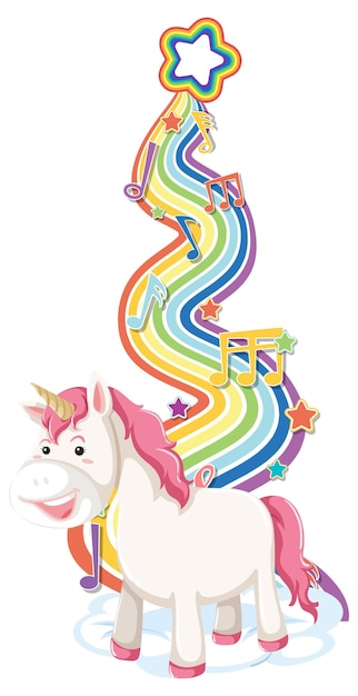 Vector gratuito unicornio de pie sobre la nube con arco iris sobre fondo blanco.