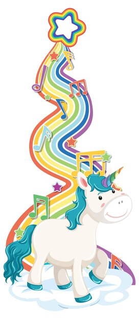 Unicornio de pie sobre la nube con arco iris sobre fondo blanco.