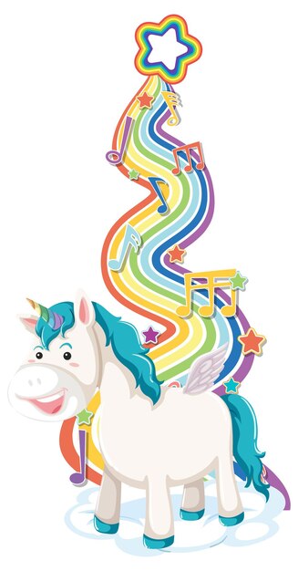 Unicornio de pie sobre la nube con arco iris sobre fondo blanco.