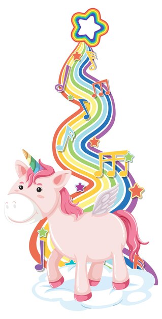 Unicornio de pie sobre la nube con arco iris sobre fondo blanco.