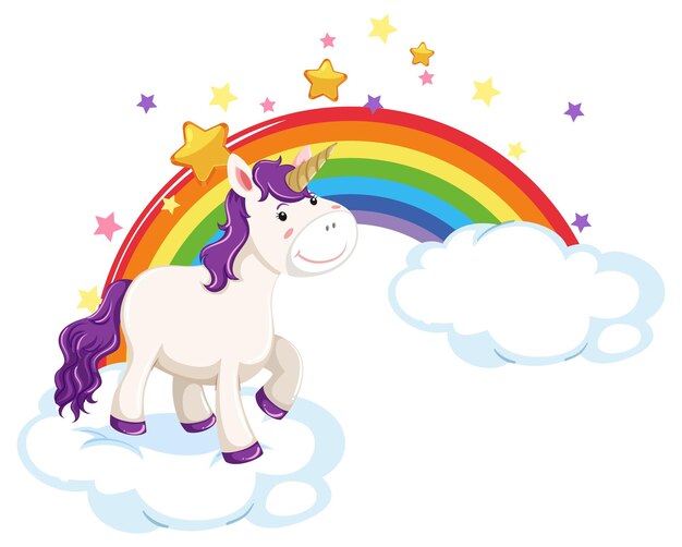 Unicornio púrpura de pie sobre una nube con arco iris