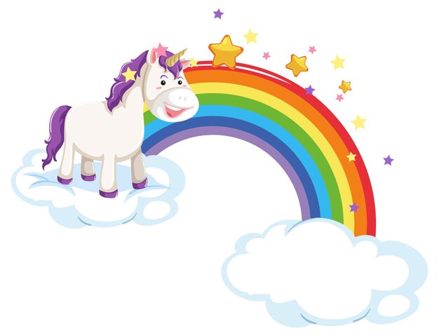 Unicornio púrpura de pie sobre una nube con arco iris