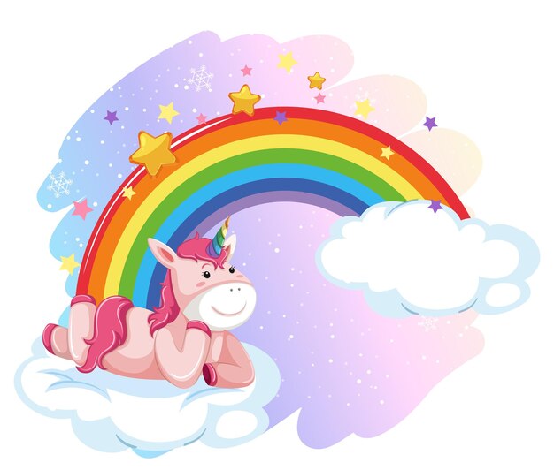 Unicornio rosa acostado en la nube con arco iris en estilo de dibujos animados