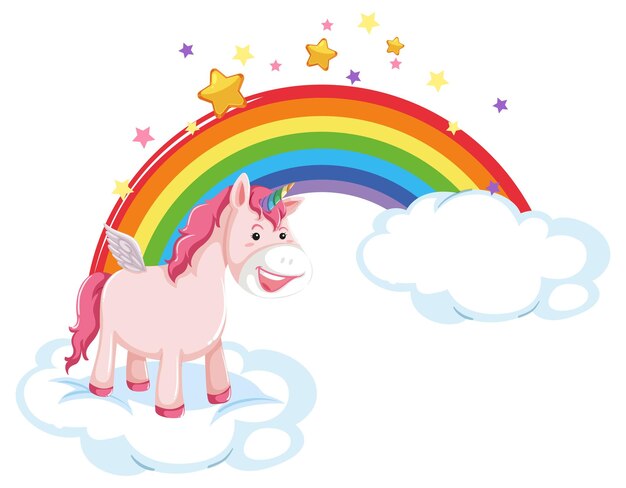 Unicornio rosa acostado en la nube con arco iris en estilo de dibujos animados
