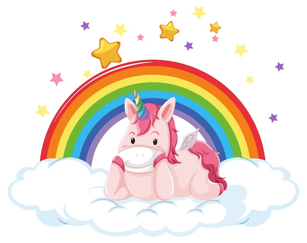 Vector gratuito unicornio rosa acostado en una nube con arco iris