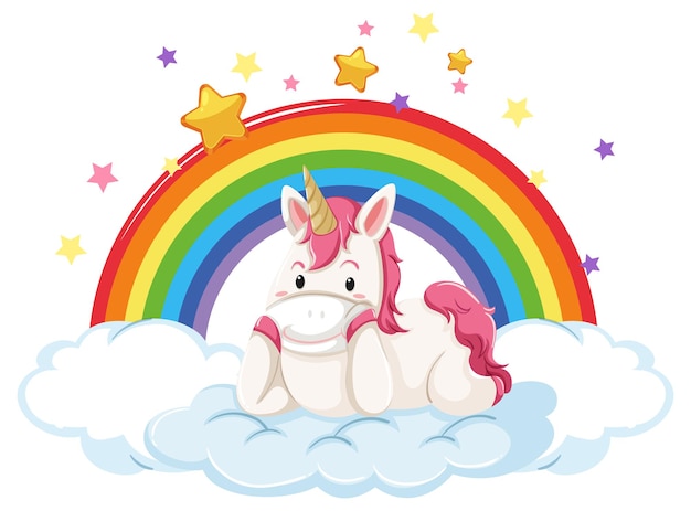 Unicornio rosa acostado en una nube con arco iris