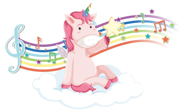 Unicornio rosa de pie en la nube con símbolos de melodía en arco iris