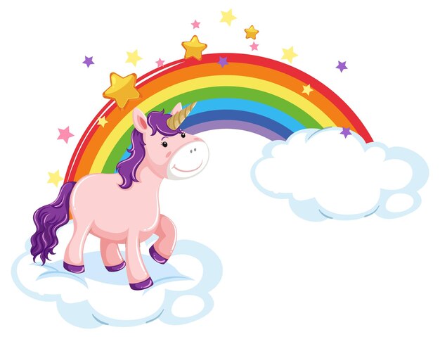 Unicornio rosa de pie sobre una nube con arco iris