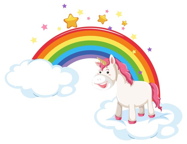 Unicornio rosa de pie sobre una nube con arco iris