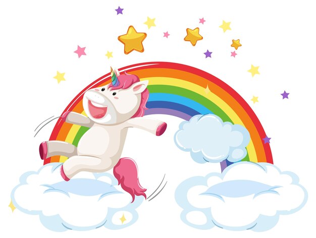 Unicornio rosa saltando sobre una nube con arco iris