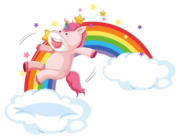 Unicornio rosa saltando sobre una nube con arco iris