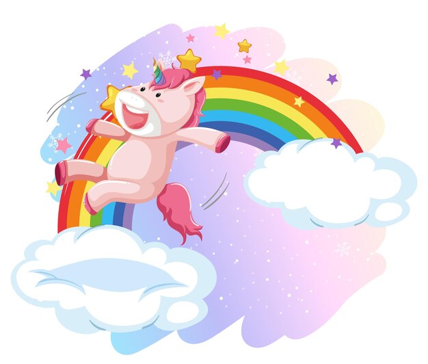 Unicornio rosa saltando sobre una nube con arco iris
