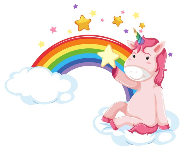 Unicornio rosa sentado en una nube con arco iris