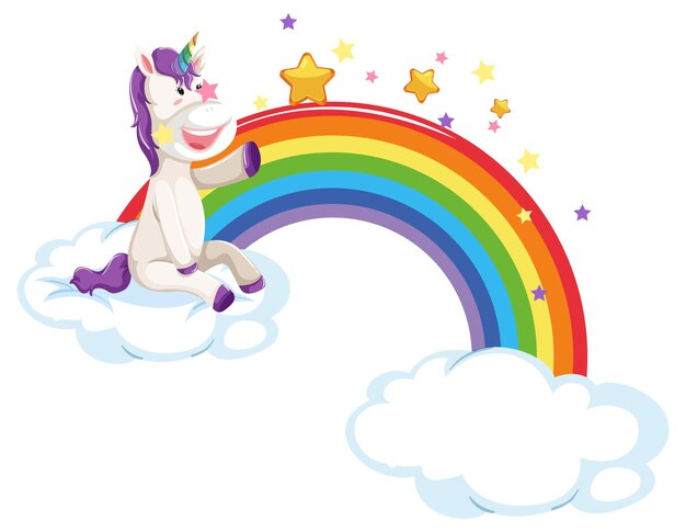 Unicornio sentado en una nube con arco iris al estilo de las caricaturas