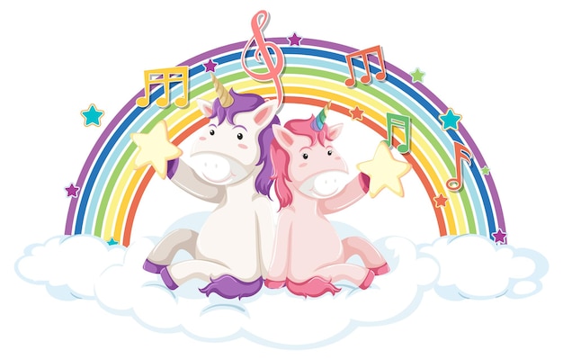 Unicornio sentado en la nube con arco iris y símbolo de melodía