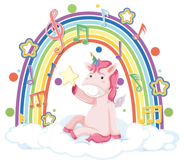 Unicornio sentado en la nube con arco iris y símbolo de melodía