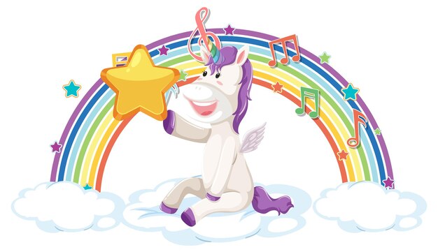 Unicornio sentado en la nube con arco iris y símbolo de melodía