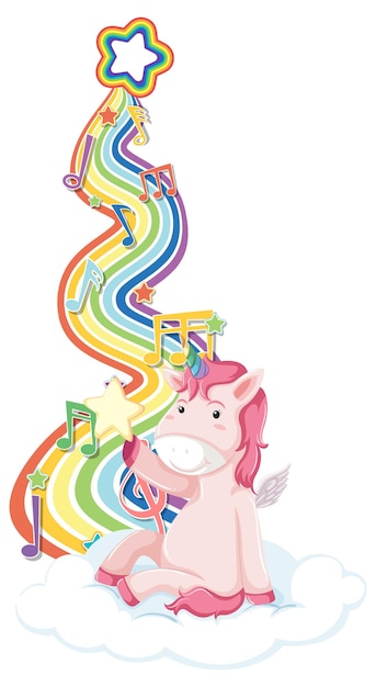 Vector gratuito unicornio sentado en la nube con arco iris sobre fondo blanco.