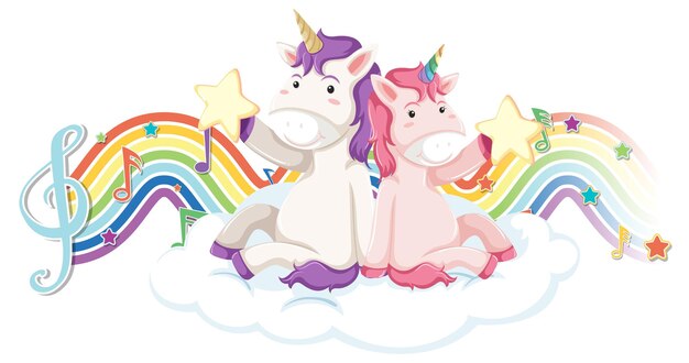 Unicornio sentado en la nube con símbolos de melodía en la onda del arco iris
