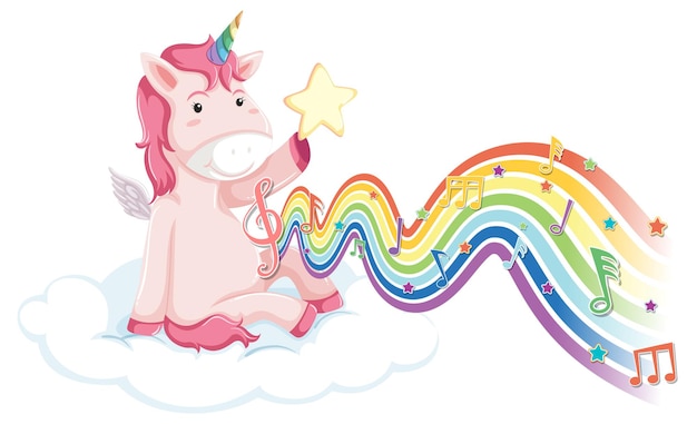 Unicornio sentado en la nube con símbolos de melodía en la onda del arco iris