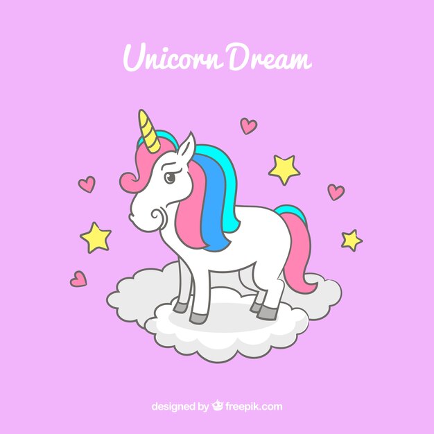 Unicornio sobre nubes dibujado a mano