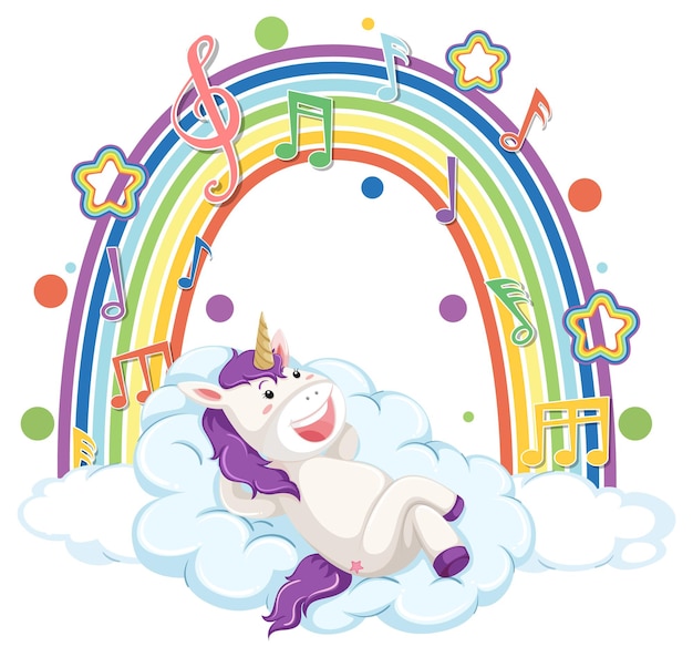 Unicornio tendido en la nube con arco iris y símbolo de melodía