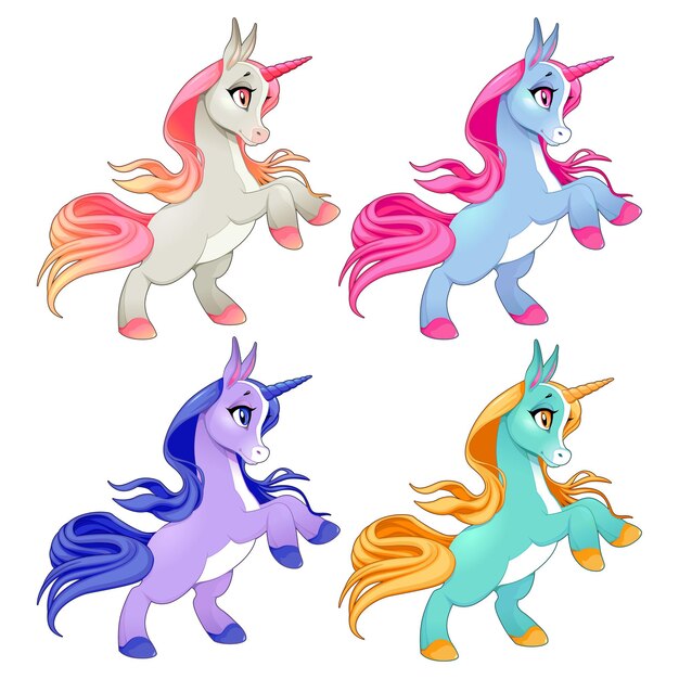 Unicornios bebé en dos patas. Personajes de dibujos animados vector aislado.