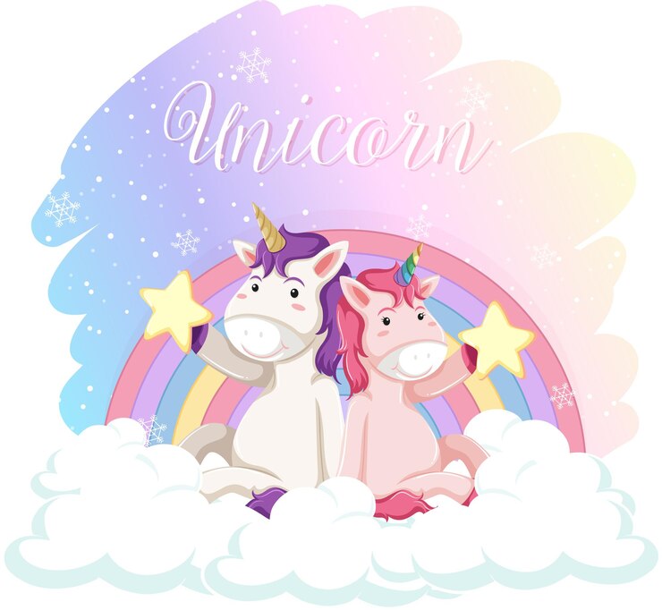Vector gratuito unicornios lindos sentados en la nube con arco iris pastel aislado sobre fondo blanco.