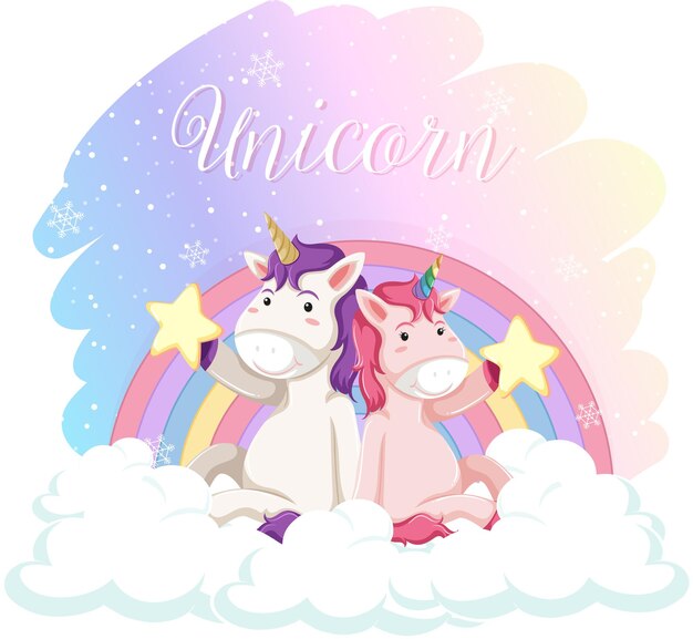 Unicornios lindos sentados en la nube con arco iris pastel aislado sobre fondo blanco.