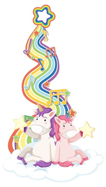 Unicornios sentados en la nube con arco iris sobre fondo blanco.