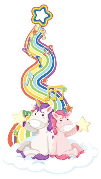 Unicornios sentados en la nube con arco iris sobre fondo blanco.