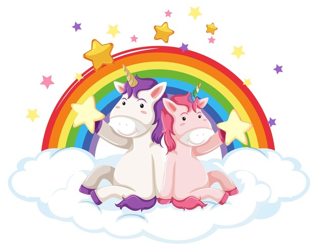 Unicornios sentados en una nube con arcoiris.