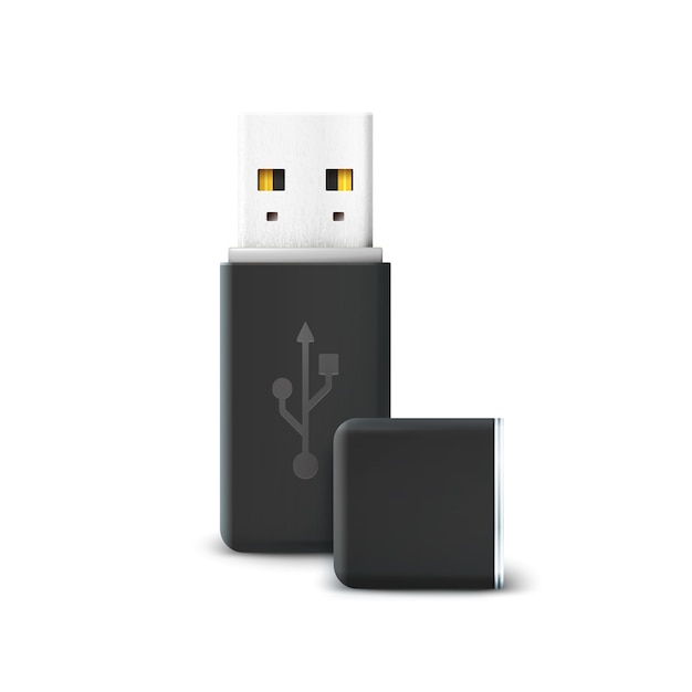 Unidad flash negra aislada en blanco. Usb y hardware, transferencia de información y memoria, almacenamiento de tecnología, electrónica portátil y connect.