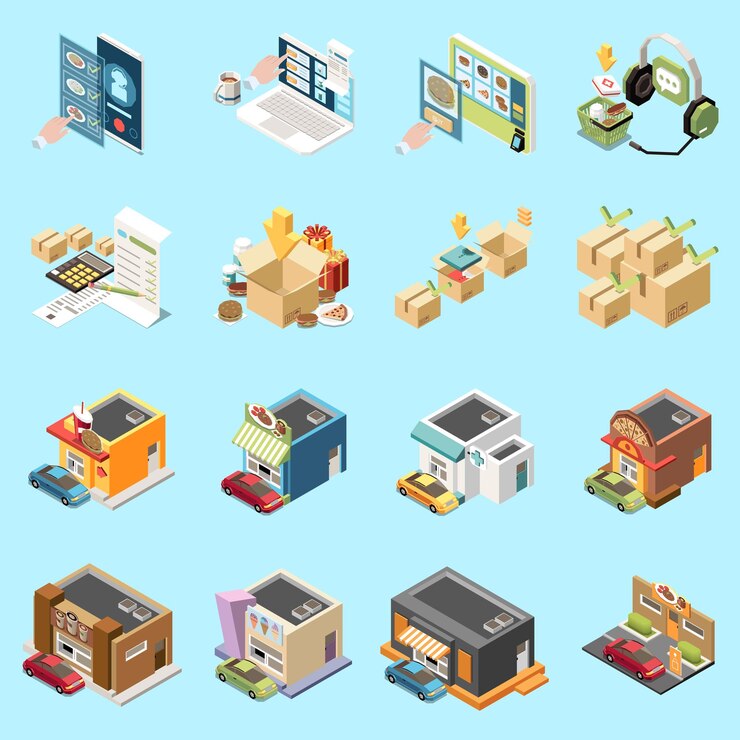 Vector gratuito unidad de recogida en la acera a través de un conjunto de composiciones isométricas con edificios de café y aplicaciones de pedido ilustración vectorial
