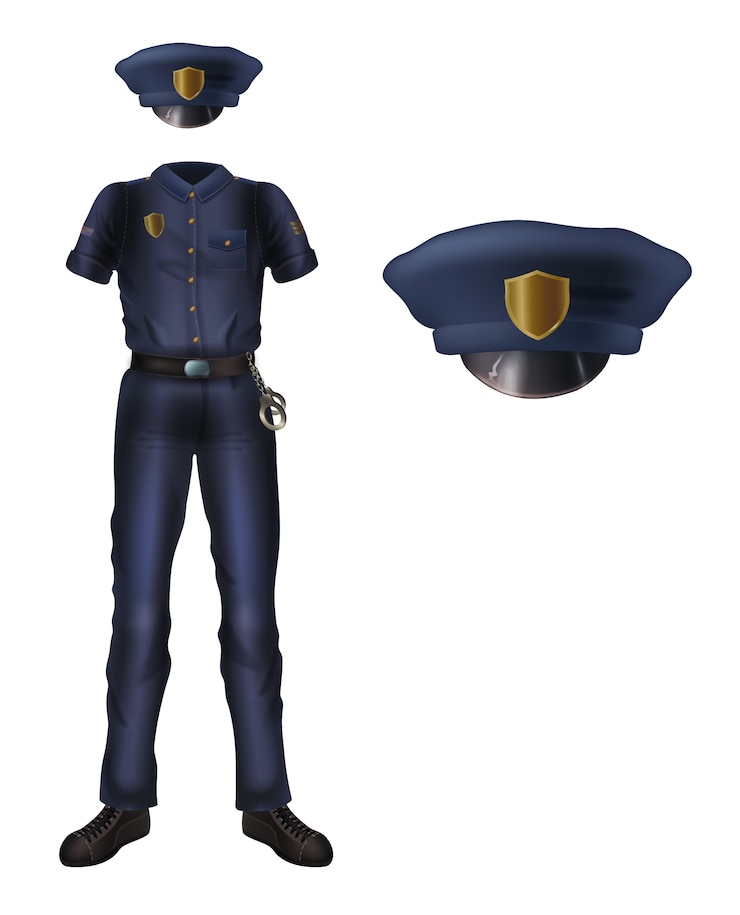 Vector gratuito uniforme de policía y gorra con escarapela, traje de seguridad policial.
