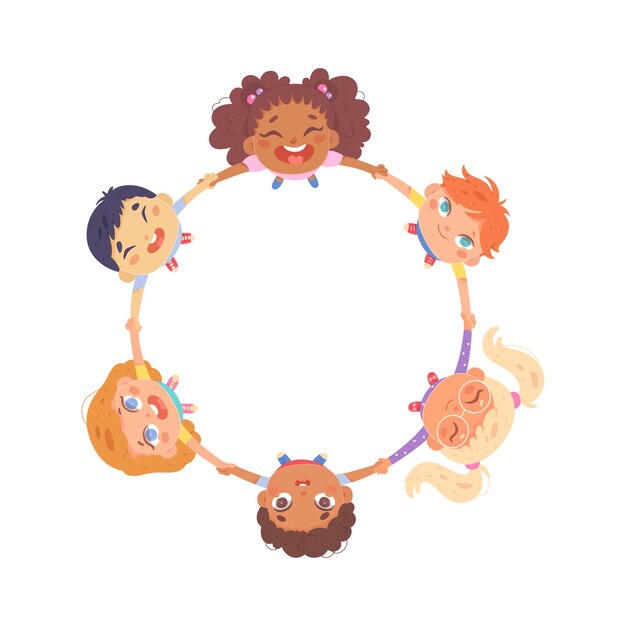 Unión de amigos felices de la escuela bailan en círculo en blanco Los niños de dibujos animados juegan en el anillo niños y niñas tomados de la mano vista en perspectiva de arriba a abajo
