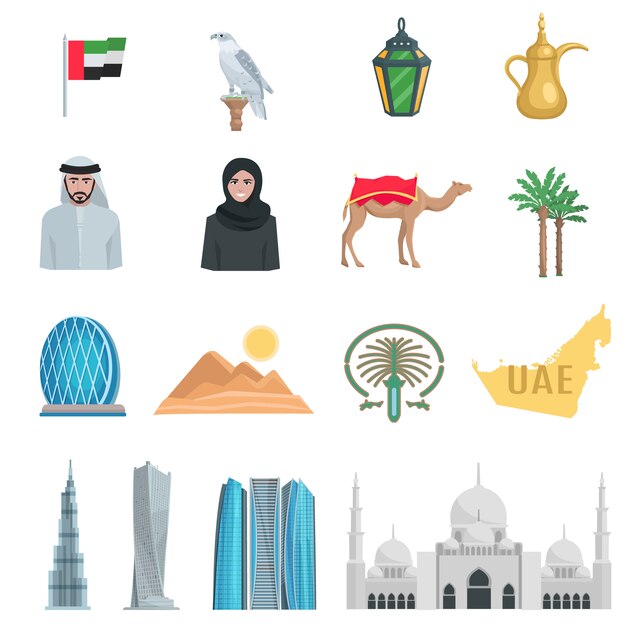 United Arab Emirates iconos planos con símbolos de estado y objetos culturales aislados ilustración vectorial
