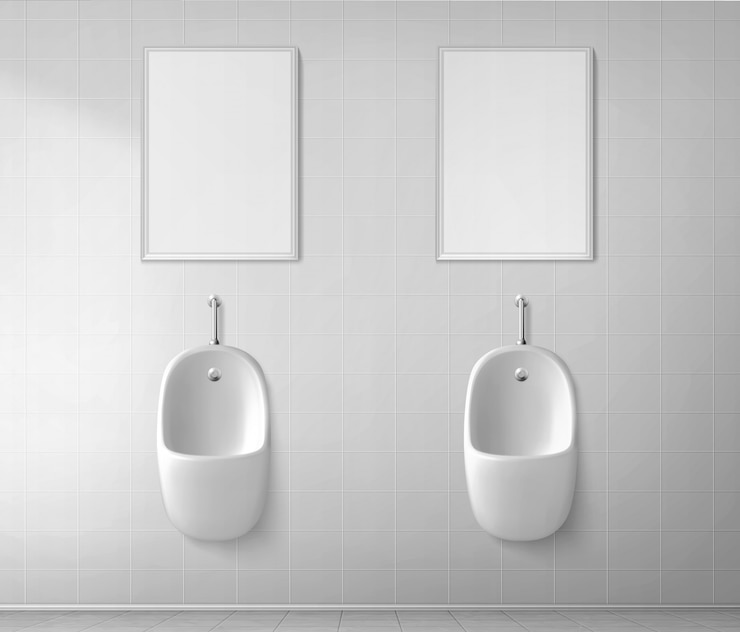 Vector gratuito urinario de cerámica blanca en aseo masculino. interior realista vector de baño público para hombres con pissoir