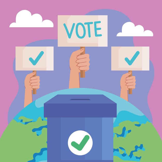 Urna de voto azul con pancartas
