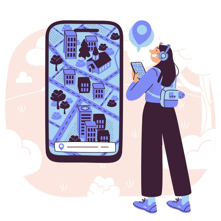 Vector gratuito using a location app to explore a city concept illustration