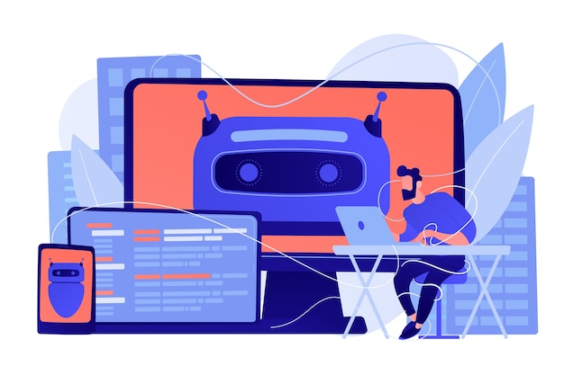 Usuario con pantallas de computadora, laptop y tableta con chatbot y hábitos digitales. Bienestar digital, salud digital, concepto de gestión del estrés del dispositivo