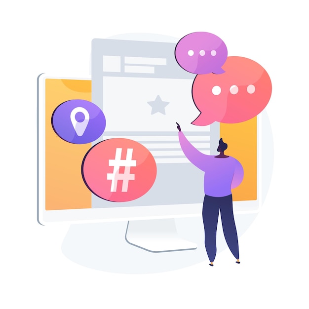 Usuario de la plataforma de microblogging. Comunicación en redes sociales, herramienta de bloggers, compartir mensajes cortos. Publicación de microblogger para compartir, comentar, discutir. Ilustración de metáfora de concepto aislado de vector