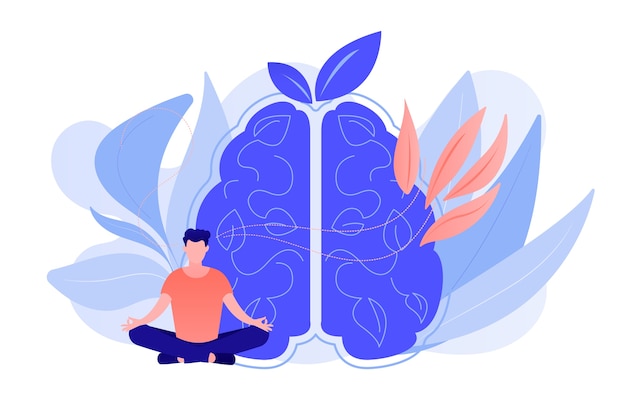 Usuario practicando meditación de atención plena en posición de loto. meditación consciente, calma mental y autoconciencia, enfocando y liberando el concepto de estrés. vector ilustración aislada.