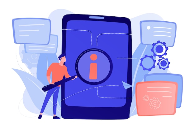 Vector gratuito usuario que busca información en tableta con lupa. guía de asistencia técnica de productos electrónicos, manual para el concepto de hardware y software de computadora. vector ilustración aislada.