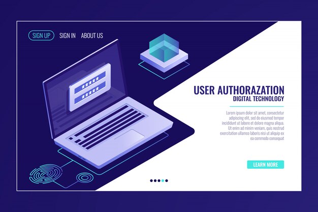 El usuario se registra o inicia sesión en la página, comentarios, computadora portátil con formulario de autorización, plantilla de página web