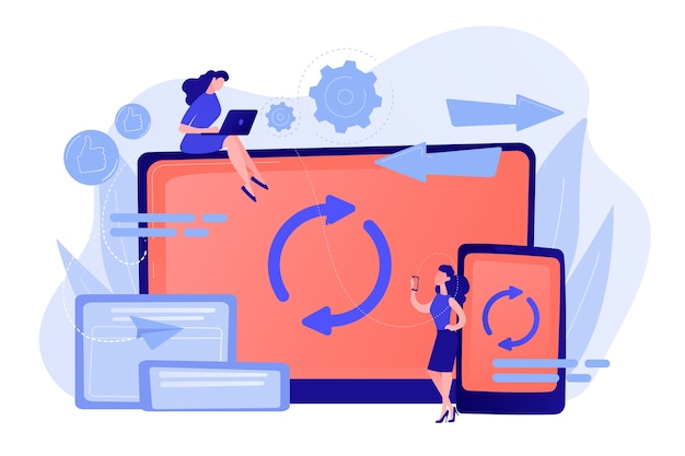 Usuario con sincronización de computadora portátil y teléfono inteligente. Sincronización entre dispositivos, sincronización entre dispositivos y concepto de operación Ilustración aislada Pinkish coral bluevector